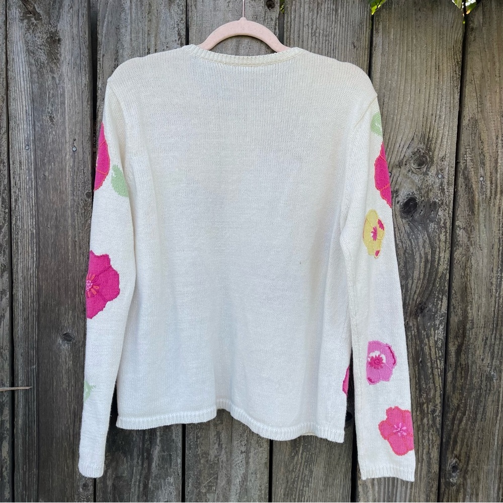 Vintage Floral Knit Cardigan Cream Pink Flowers Cottagecore Women’s L - Picture 3 of 10